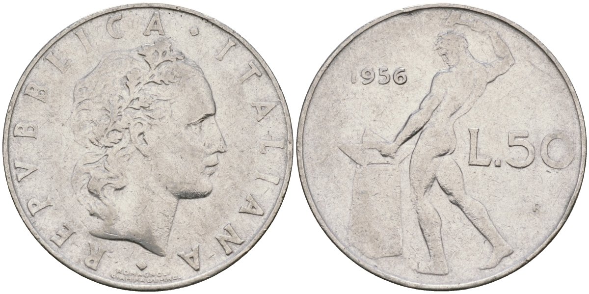 Италия 50 лир 1956 R, бог огня Вулкан у наковальни KM 95.1 нержавеющая сталь 4171-1021