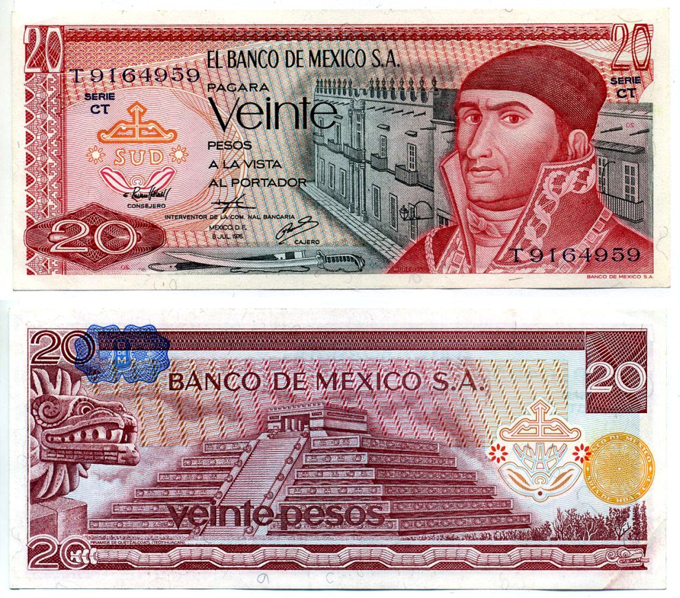 Мексика 20 песо 1976 8 июля 1976, серия СТ Pick 64c(6) бумага аUNC 8588-70-3-1
