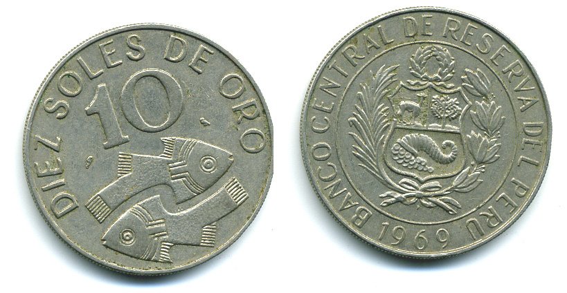 ПЕРУ 10 СОЛЬ 1969 РЫБЫ KM 253 медно-никель 04-355