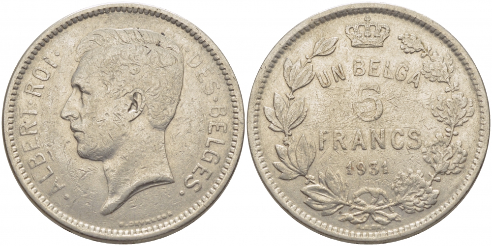 БЕЛЬГИЯ 5 ФРАНКОВ 1931 BELGES KM 97.1 никель 114-824