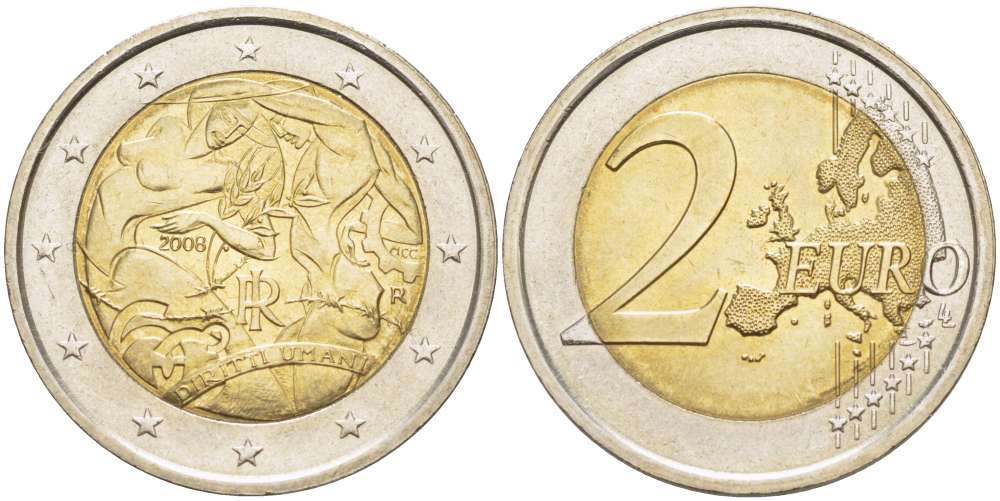 ИТАЛИЯ 2 ЕВРО 2008 60 ЛЕТ ПРИНЯТИЯ ВСЕОБЩЕЙ ДЕКЛАРАЦИИ ПРАВ ЧЕЛОВЕКА KM 301 биметалл UNC 4517-716