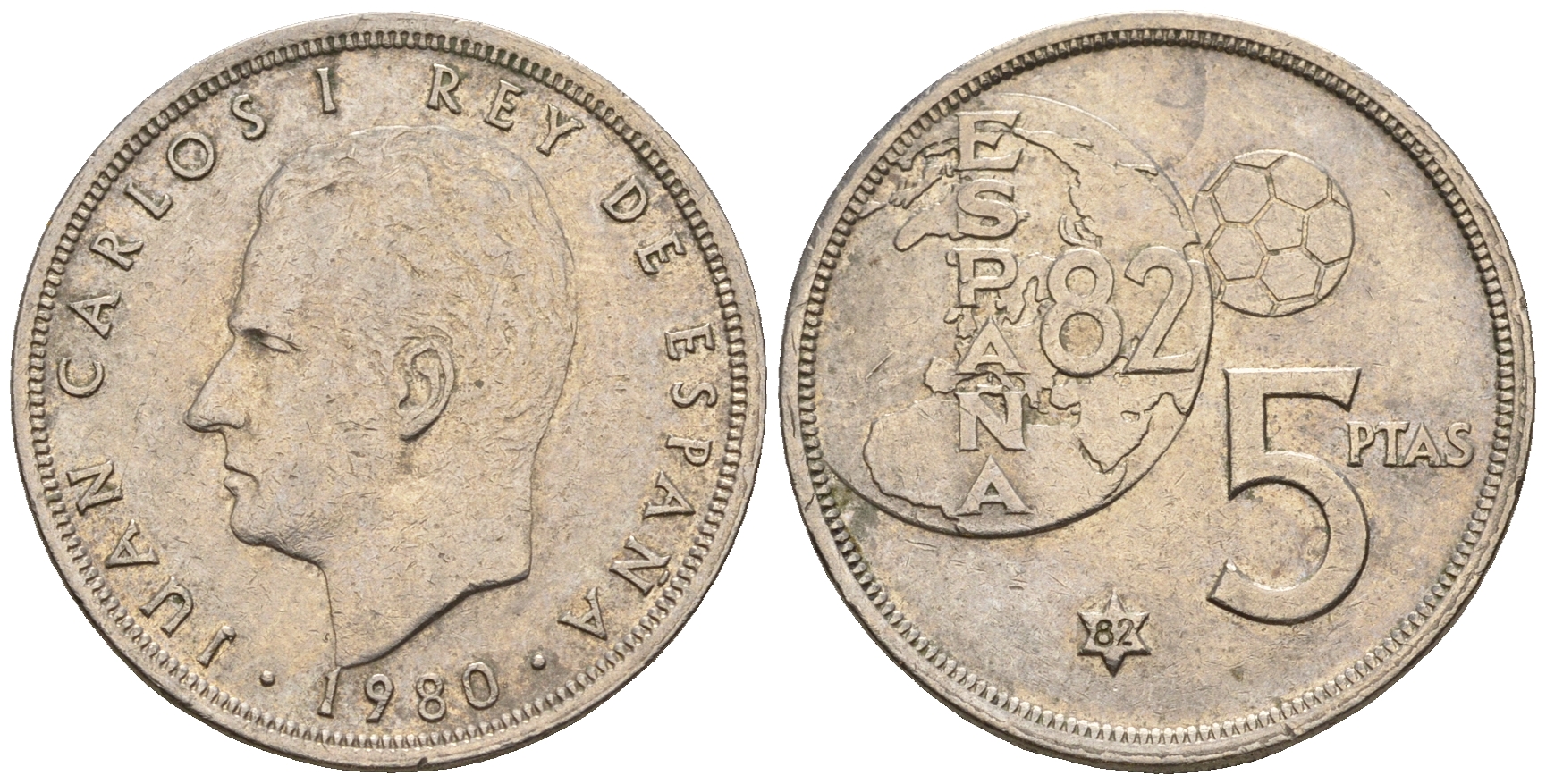 Испания 5 песет 1982 (80), Хуан Карлос , чемпионат мира по футболу, Испания 1982 KM 817 медно-никель 259-1114