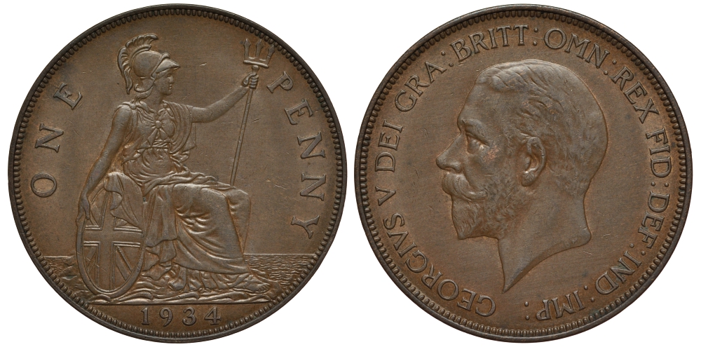 Великобритания 1 пенни 1934 Георг V (1910-1936) КМ 838, Spink 4055 бронза 650-223
