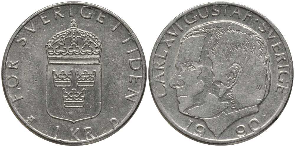 Швеция 1 крона 1990 U, Карл XVI Густав (1973- ) КМ 852а медно-никель 202-513