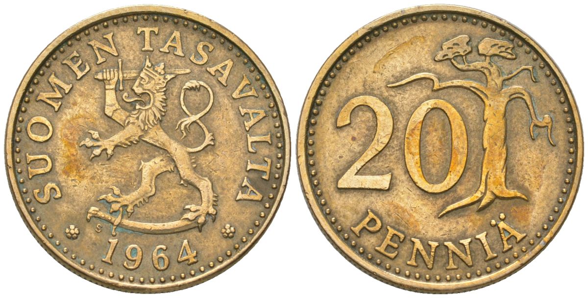 Финляндия 20 пенни 1964 S KM 47 алюминиевая бронза 4589-547