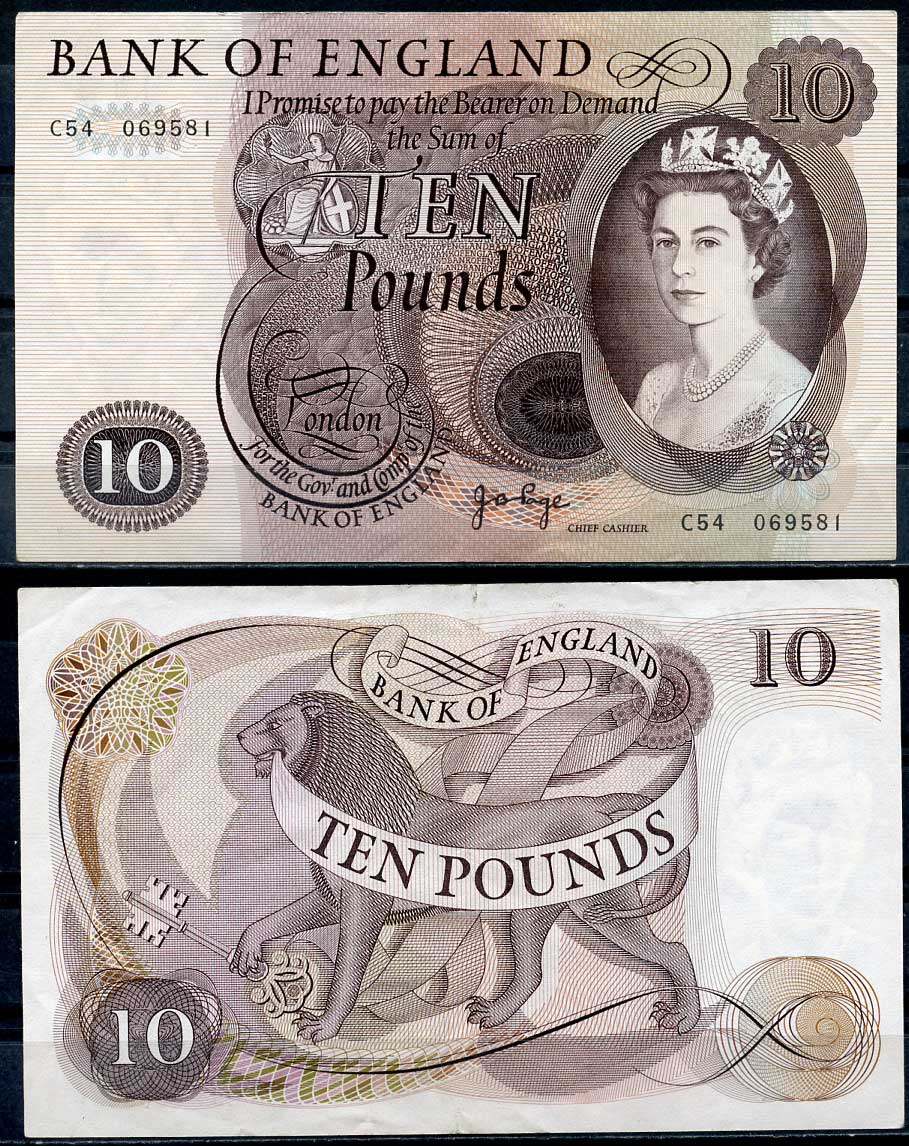 Англия 10 фунтов ND (1964-1975) Елизавета II (1952-2022), лев, подпись J.B. Page Pick 376c  бумага   451-185-2
