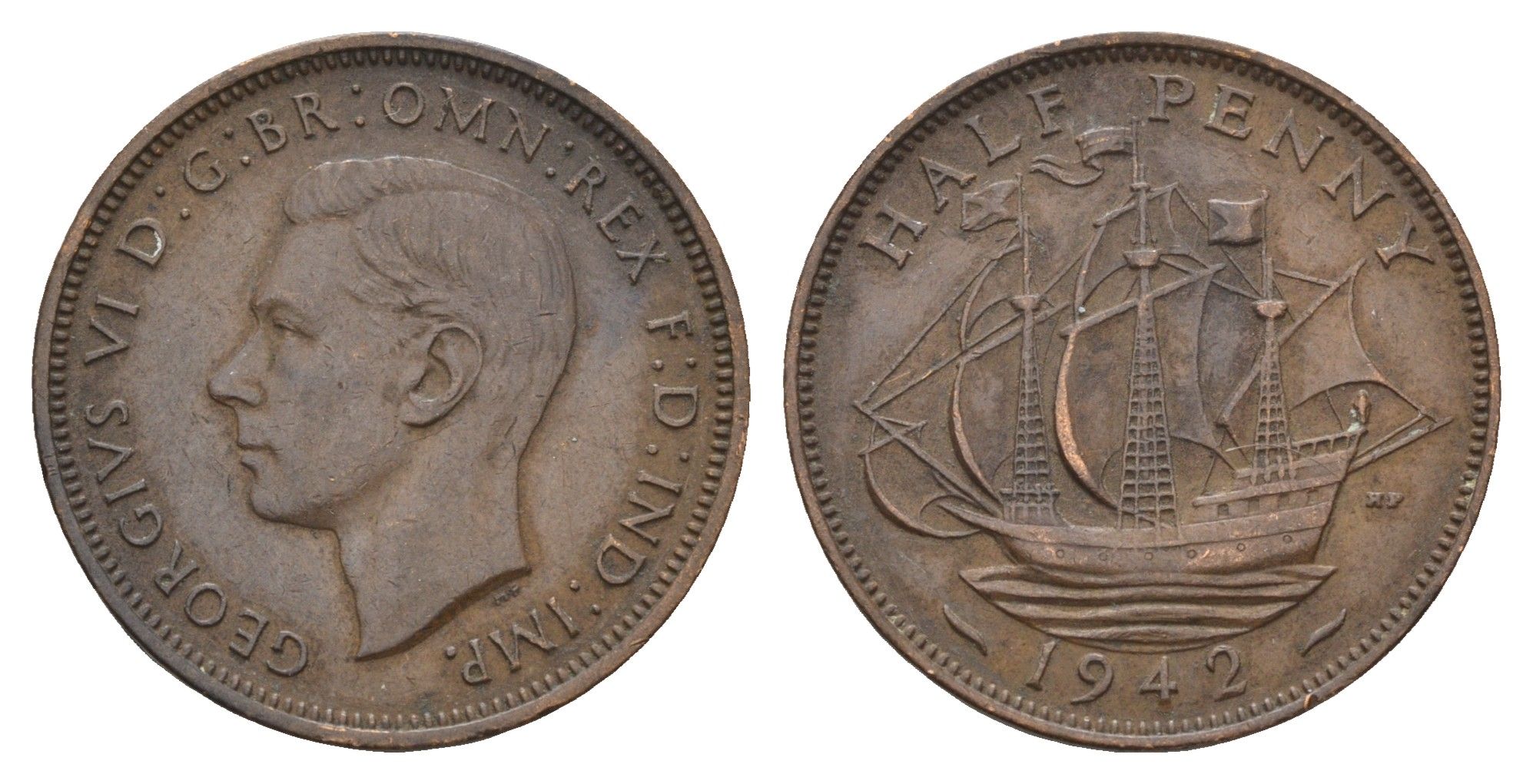 Великобритания 1/2 пенни 1942 Георг VI (1936-1952) KM 844, Spink 4115 бронза 4675-124