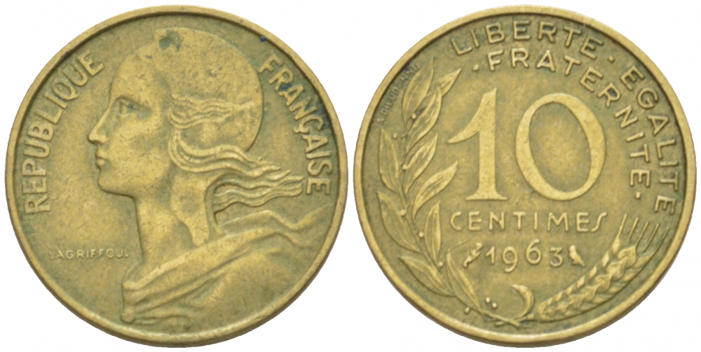 ФРАНЦИЯ 10 САНТИМОВ 1963 ТИП MARIANE KM 929, LE FRANC 144.3 алюминиевая бронза 3955-411
