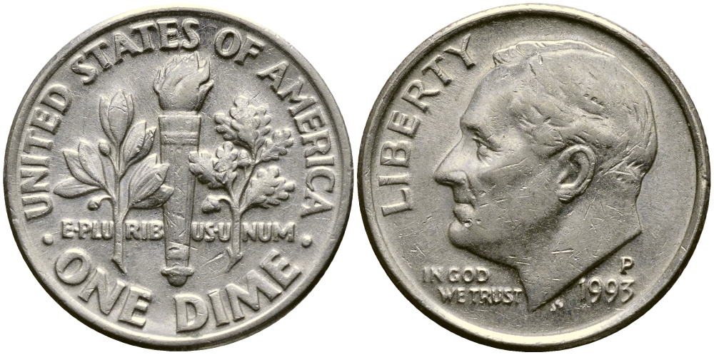США 10 ЦЕНТОВ = 1 ДАЙМ 1993 P, РУЗВЕЛЬТ KM 195а медь плакированная медно-никелем 46-2052