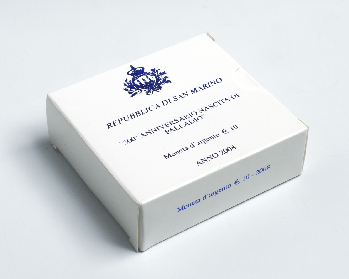 Сан-Марино 10 евро 2008 500 лет Андреа Палладио, в оригинальной коробке, сертификат KM 514 серебро PROOF 2-5-2-9