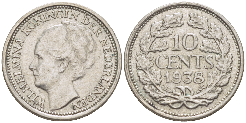 Нидерланды 10 центов 1938 Вильгельмина I (1890-1948) KM 163 серебро 4181-1232