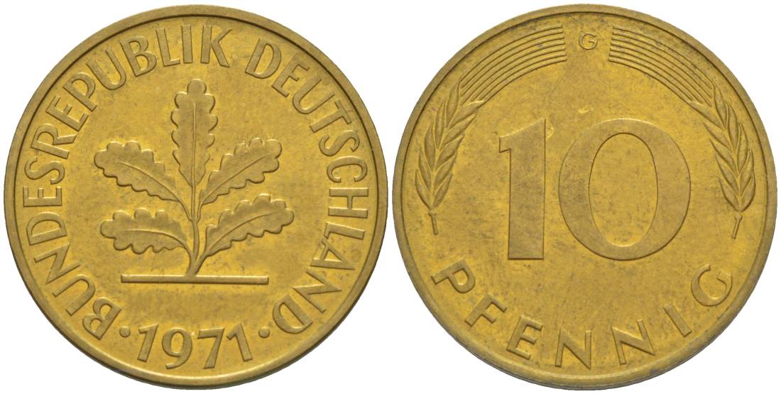 ФРГ 10 ПФЕННИГОВ 1971 G KM 108, J. 383 сталь плакированная латунью 219-443