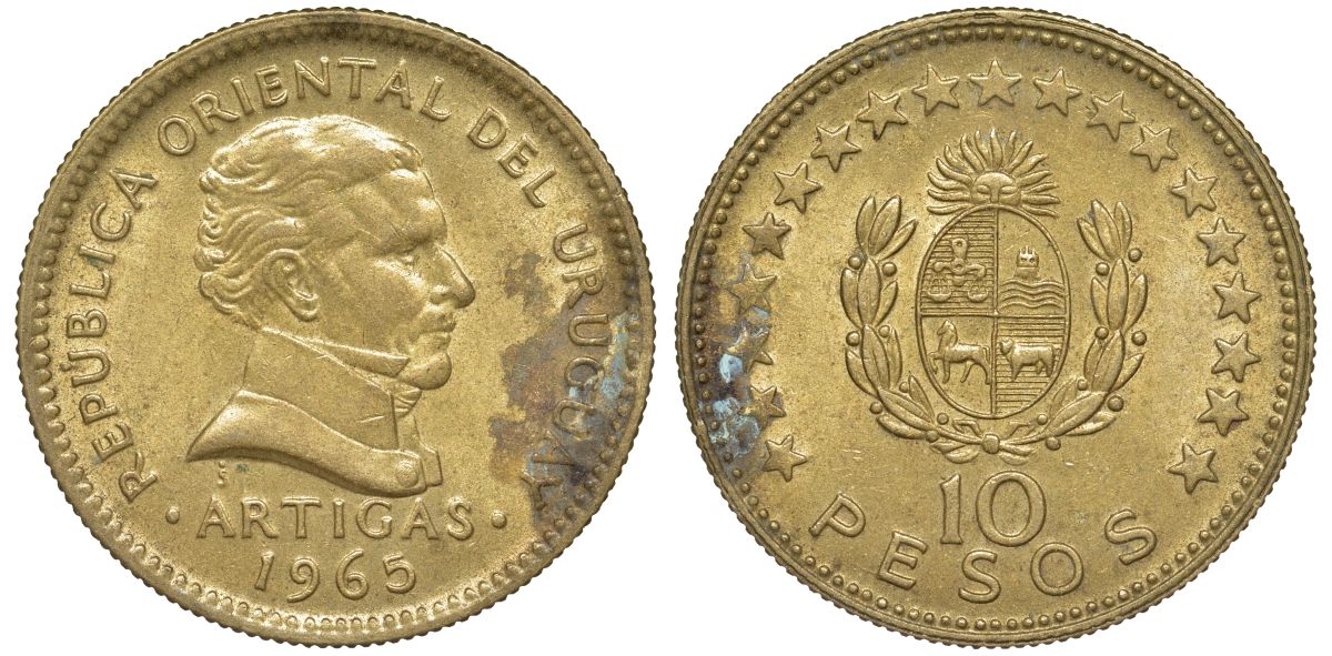 Уругвай 10 песо 1965 KM 48 алюминиевая бронза 88-1145