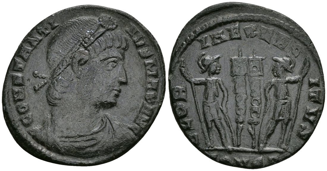 Римская Империя нуммий 330 - 333 Константин I Великий GLORIA EXERCITVS Константинополь about Extremely fine (R5) RIC 59 бронза 1073-3-4-2