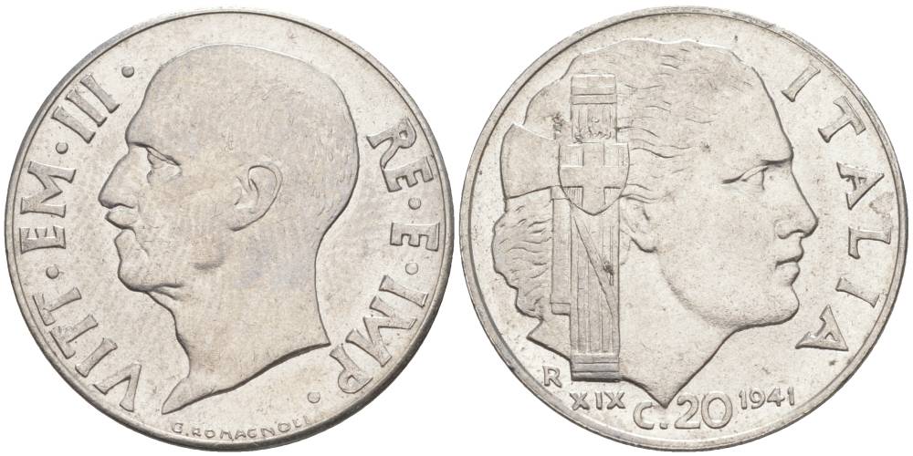 ИТАЛИЯ 20 ЧЕНТЕЗИМО 1941 R, ГОД XIX, ВИКТОР ЭММАНУИЛ III (1900-1946) KM 75b, VEM3. 1028 нержавеющая сталь 3853-611