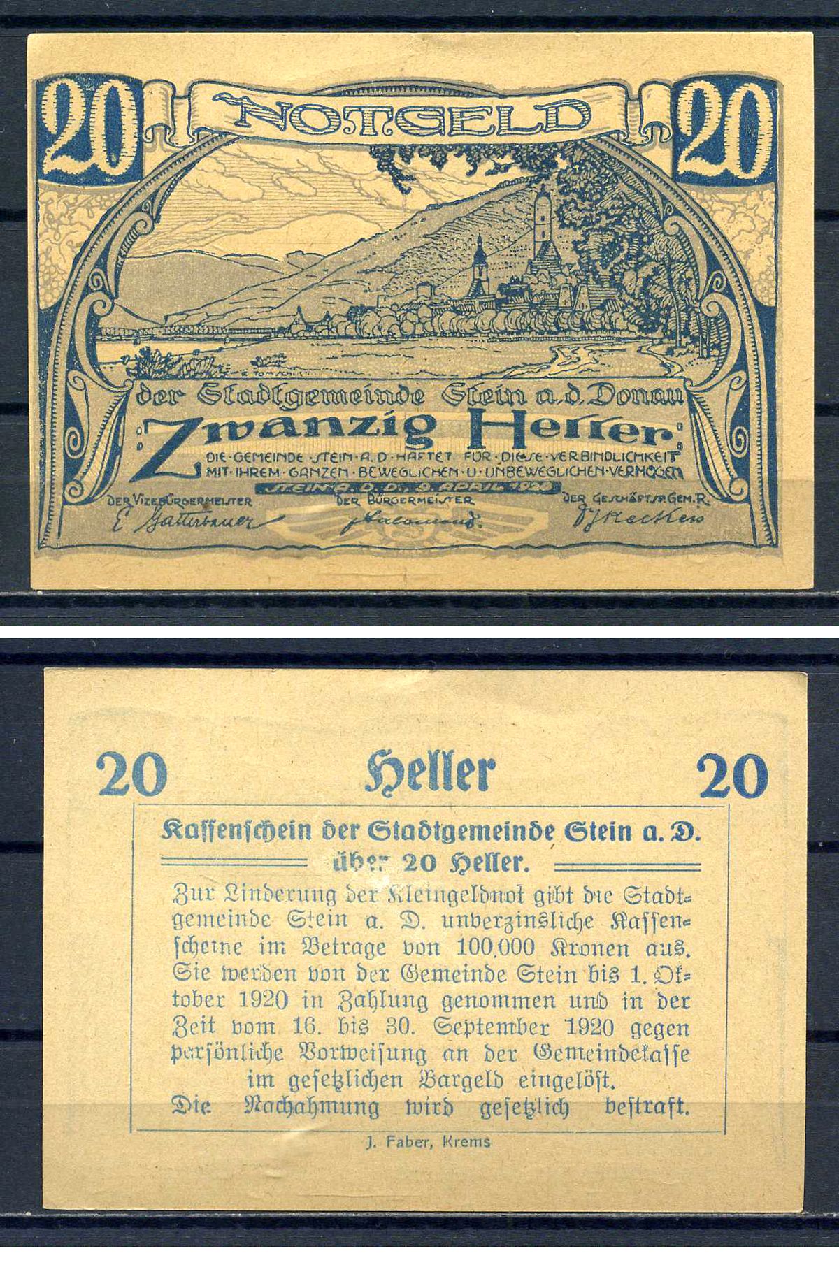 Штайн ан дер Дунай 20 геллеров ND бумага aUNC 7556-17-4-2
