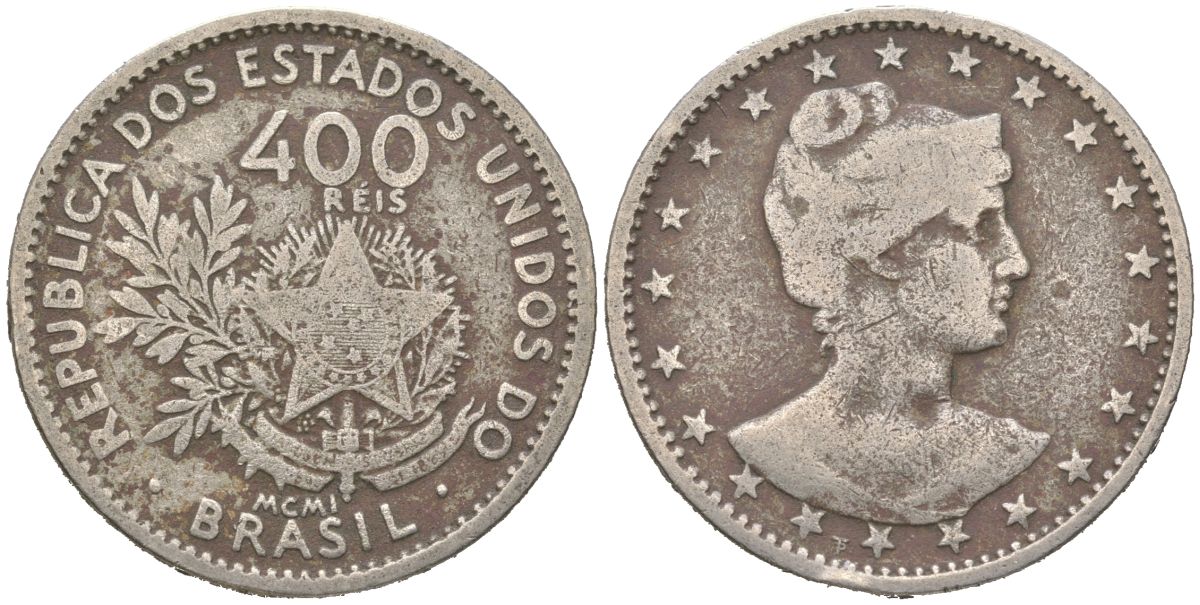 Бразилия 400 реалов 1901 MCMI, голова свободы вправо KM 505 медно-никель 4612-447