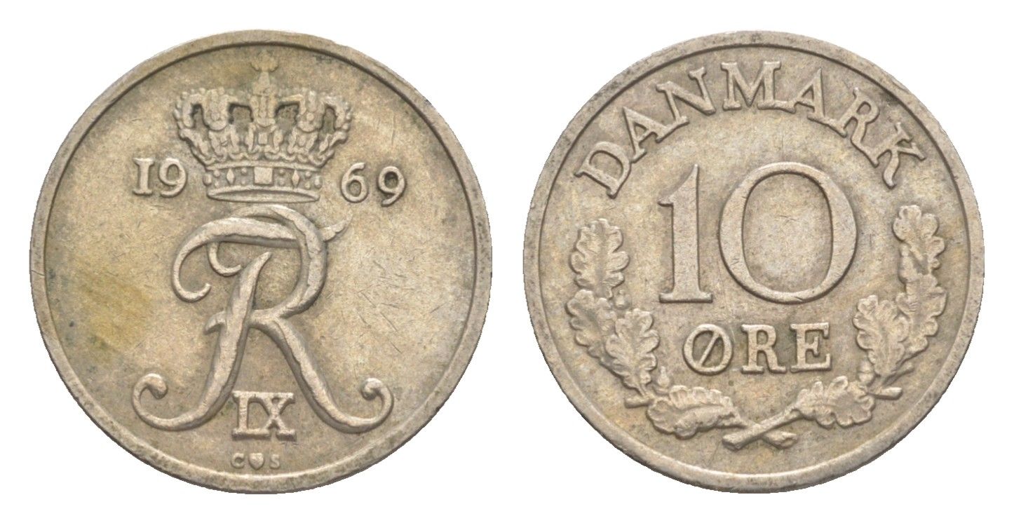 Дания 10 эре 1969 C,S, Фредерик IX (1947-1972) KM 849.1 медно-никель 4649-716