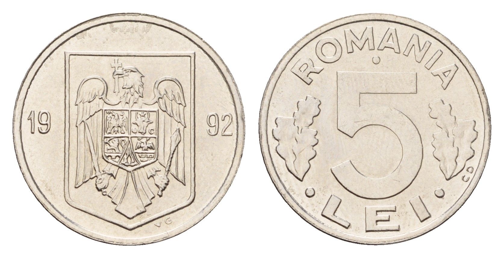 Румыния 5 лей (леев) 1992 KM 114 сталь плакированная никелем UNC 4615-956