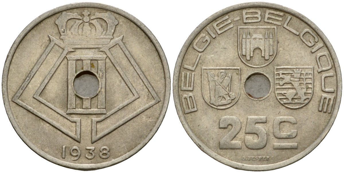 Бельгия 25 сантимов 1938 Belgie - Belgique KM 115 никель латунь 4601-633