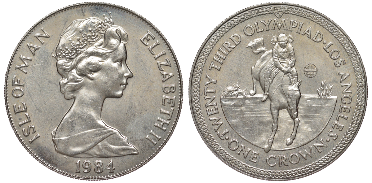 Остров Мэн 1 крона 1984 XXIII летние Олимпийские игры в Лос-Анджелесе 1984 года, конный спорт КМ 120 медно-никель UNC 118-1235