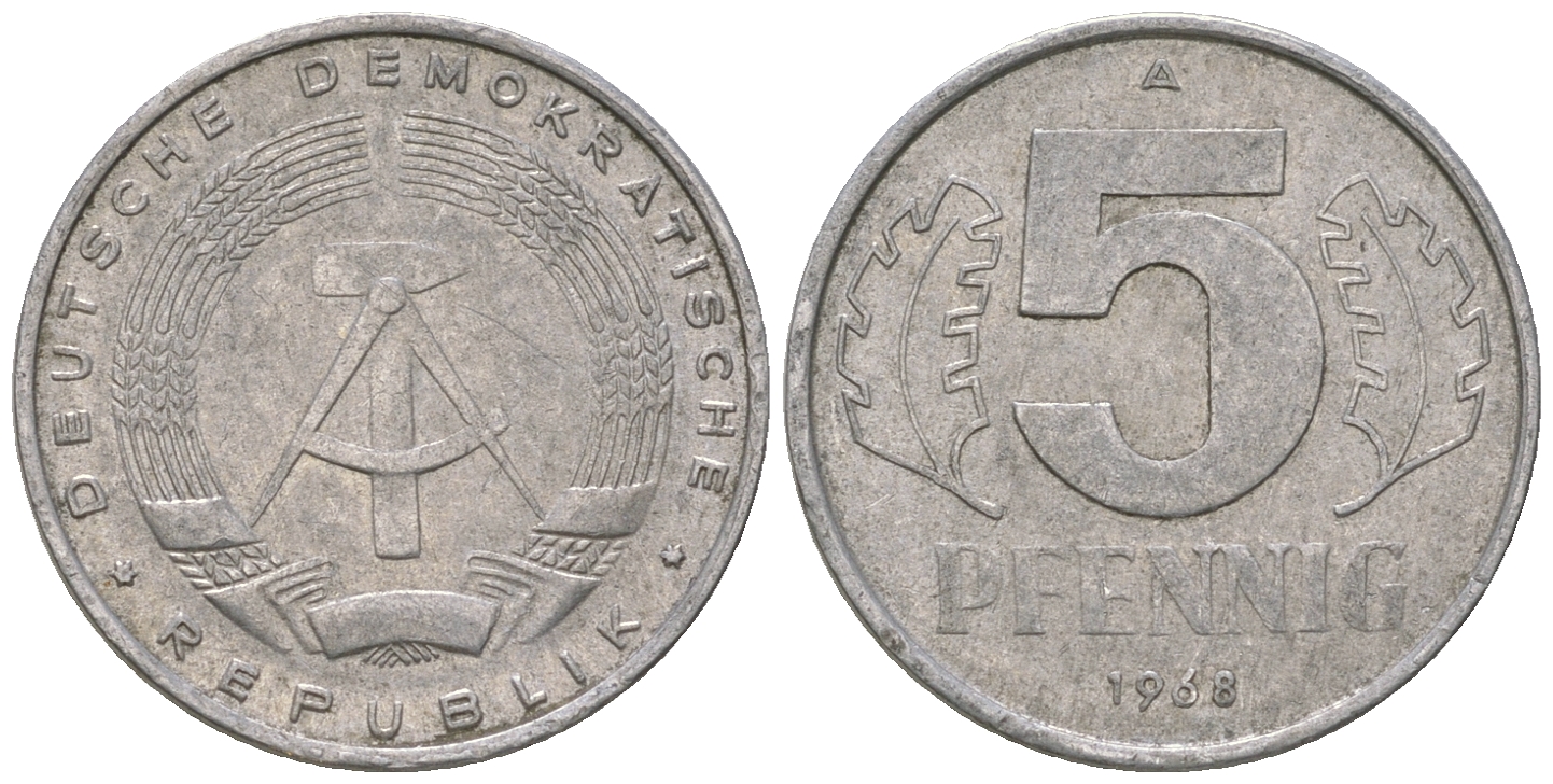 ГДР 5 пфеннигов 1968 A KM 9.1 алюминий 4625-619