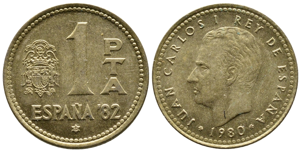 Испания 1 песета 1980 (82) чемпионат мира по футболу в Испании 1982 года, Хуан Карлос I (1975-) KM 816 алюминиевая бронза 4110-1435