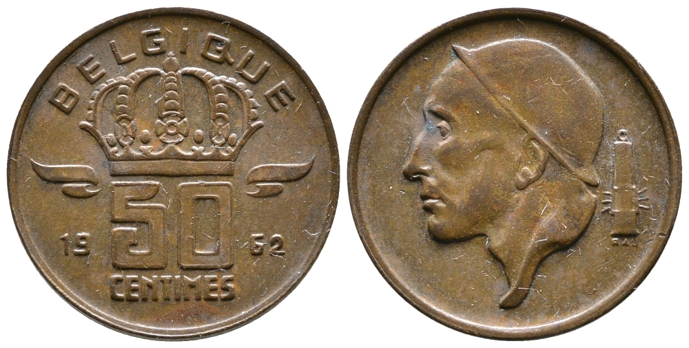 БЕЛЬГИЯ 50 САНТИМОВ 1962 BELGIQUE KM 148.1 бронза 4383-1151