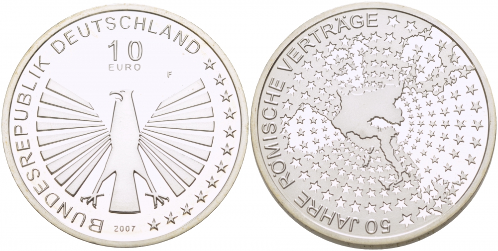 ФРГ 10 евро 2007 F, 50 лет Римскому договору KM 264, DE.S. 10.30 серебро PROOF 01-233-15
