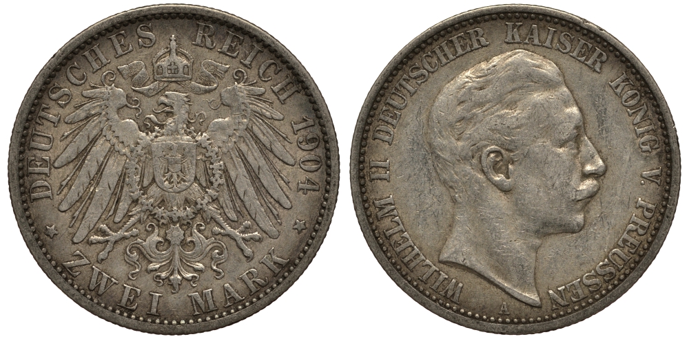 Пруссия 2 марки 1904 A, Вильгельм II (1888-1918) J.102, Weege 101, KM 522 серебро 3711-734