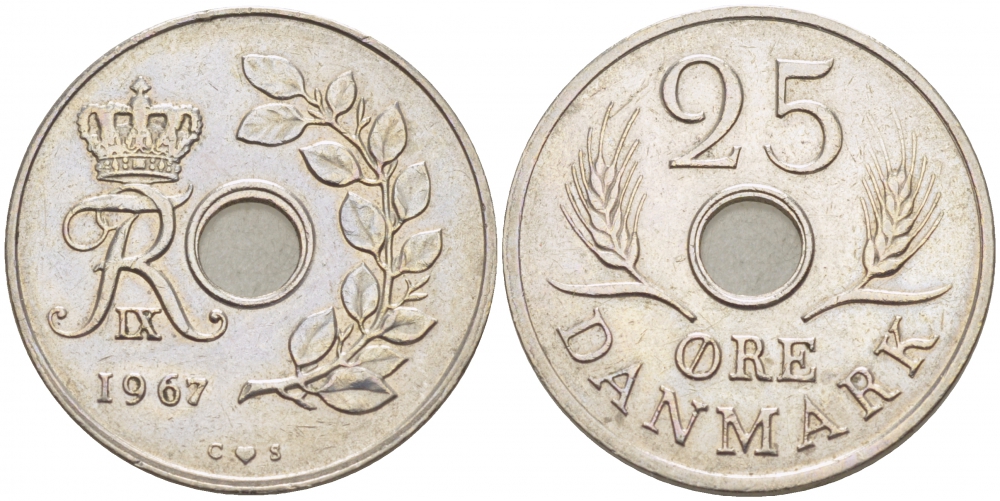 Дания 25 эре 1967 С; S, Фредерик IX (1947-1972) KM 855.1 медно-никель 3996-931