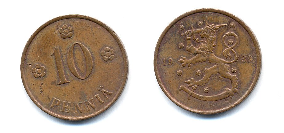 Финляндия 10 пенни 1934 республика (1918-1962) KM 24 медь 51-5417