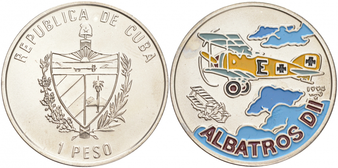 Куба 1 песо 1994 серия известный самолеты, Альбатрос D11 (Albatros D.II), цветная эмаль KM 547 никелированная сталь UNC M27-11