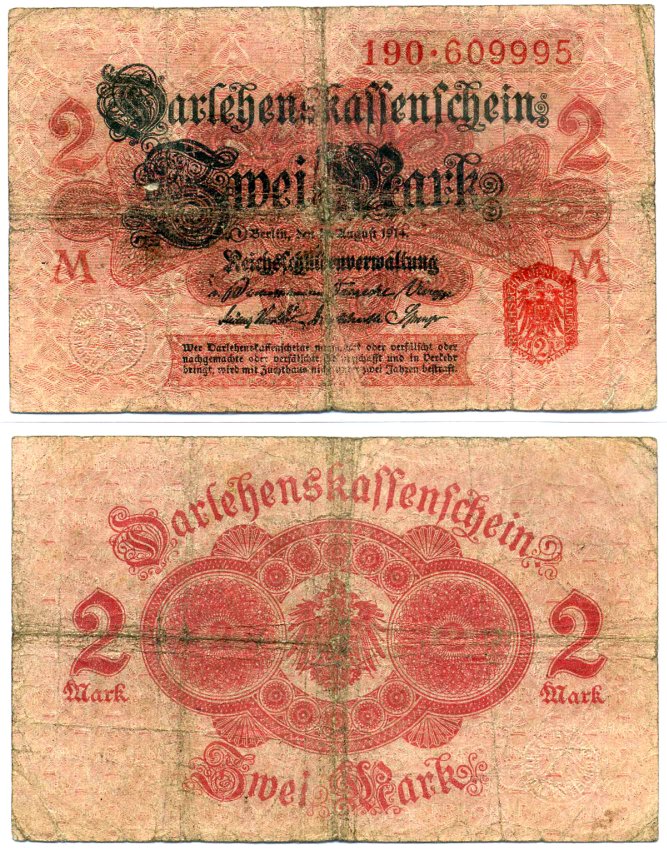 Германия 2 марки 1914 12 августа 1914, БУМАГА РОЗОВАЯ, ПЕЧАТЬ КРАСНАЯ, серия 190, выпуск 1917 Pick 54, Роземберг 52с бумага F 6280-34-2-2