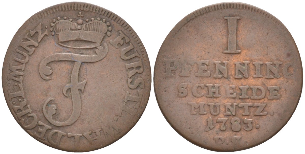 Вальдек-Пирмонт 1 пфенниг 1783 PS, Фридрих Карл Август (1763-1812) KM 42a, Slg. Hennig 194 Slg. Kayser 268 Weing?rtner 779 медь 187-1029