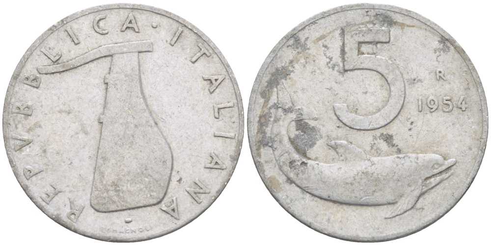 ИТАЛИЯ 5 ЛИР 1954 R, РУЛЬ, ДЕЛЬФИН KM 92 алюминий 175-116