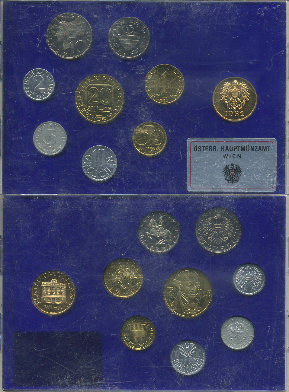 Австрия набор из 8 монет + жетон мондвора 1982 официальный набор, 2, 5, 10, 50 грошей, 1, 5, 10, 20 шиллингов, 250 лет со дня рождения Йозефа Гайдна, в пластике KM PS 40 PROOF 6-6-2-3
