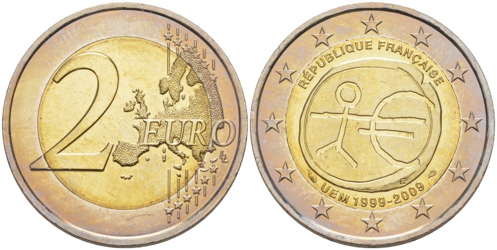 Франция 2 евро 2009 10 лет монетарной политики ЕС (EMU) и введения евро KM 1590 биметалл UNC 4111-713