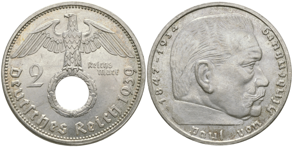 Германия 2 марки 1939 А, Берлин, Гинденбург J. 366, KM 93 серебро UNC 413-5942