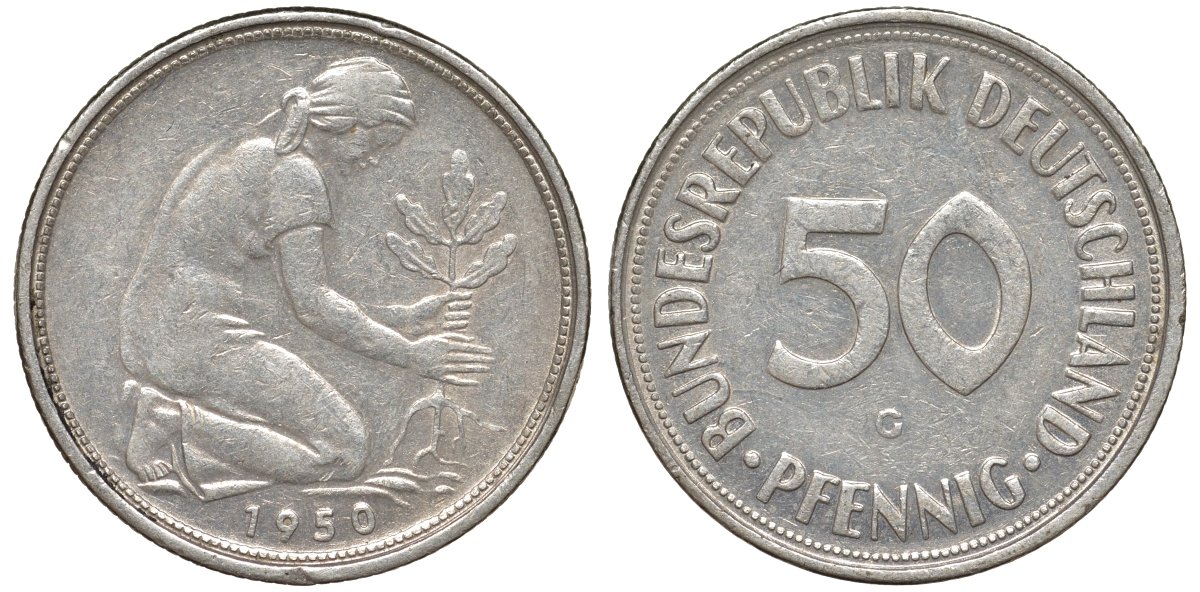 ФРГ 50 пфеннигов 1950 G KM 109, J. 384 медно-никель 4132-644