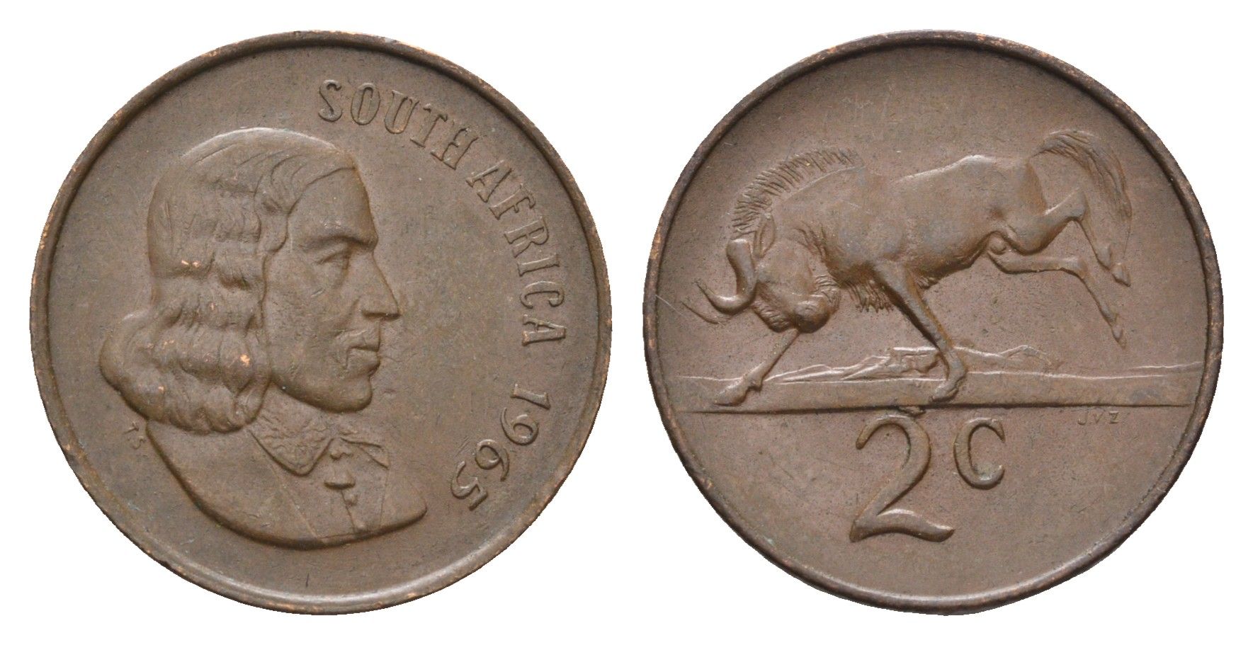 ЮАР 2 цента 1965 Ян ван Рибек (1619-1677), South Africa, легенда на английском, антилопа KM 66.1 бронза 4693-546