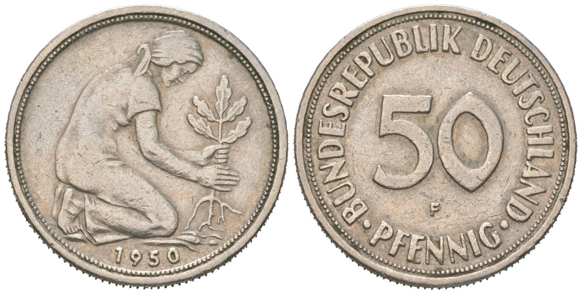 ФРГ 50 пфенингов 1950 F KM 109.1, J. 384 медно-никель 4147-225