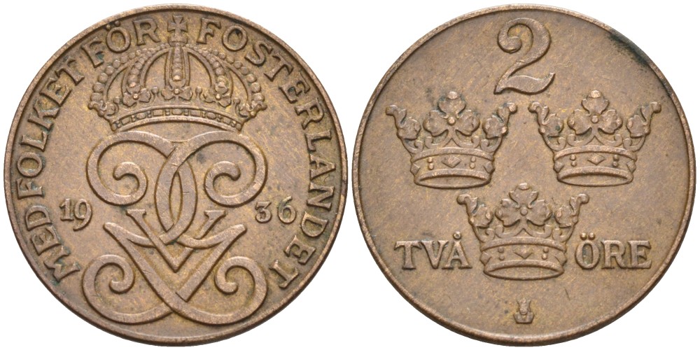 Швеция 2 эре 1936 Густав V (1907-1950), LONG 6 KM 778 бронза 67-311