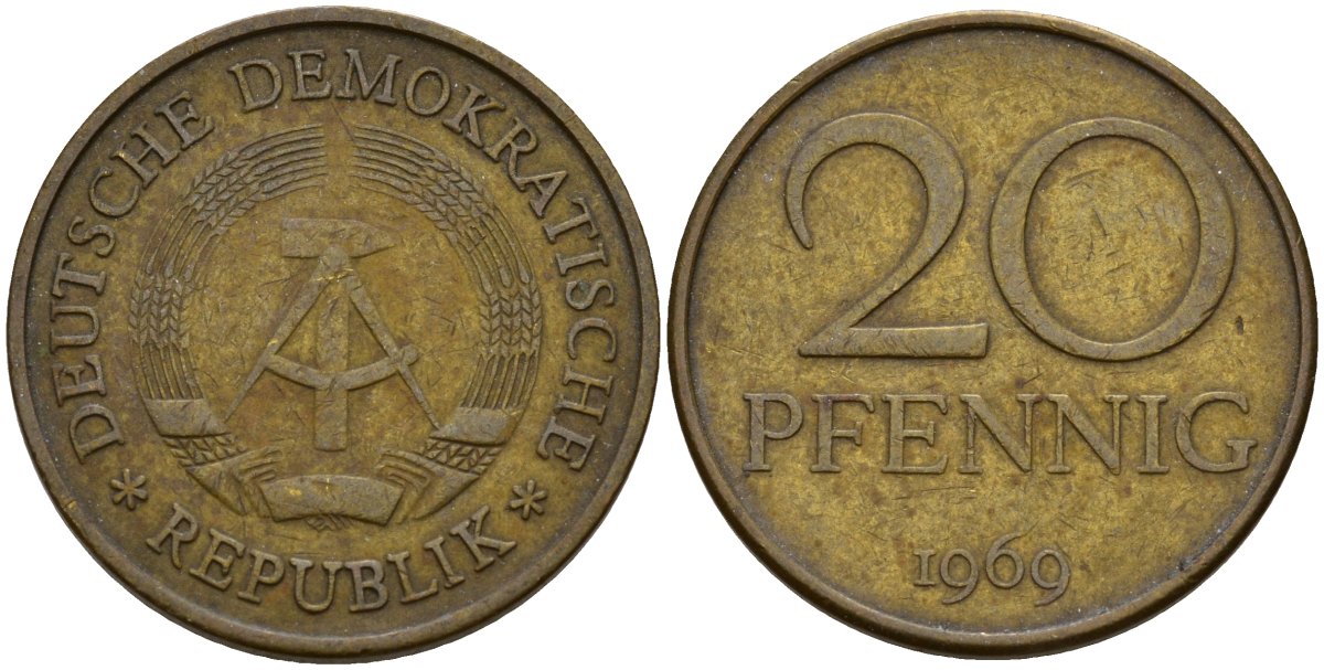 ГДР 20 пфеннигов 1969 A, первый год KM 11 латунь 92-731