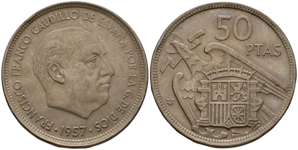 Испания 50 песет 1957 (58) Франсиско Франко (1939-1975) KM 788 медно-никель 189-616