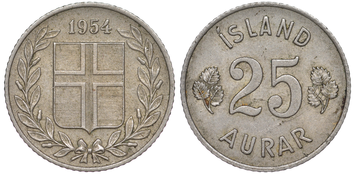 Исландия 25 эйре 1954 KM 11 медно-никель 4596-1252