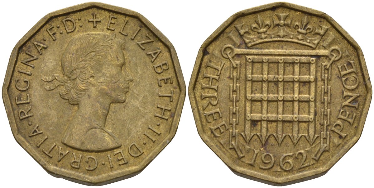 Великобритания 3 пенса 1962 Елизавета II (1952-2022) KM 900, Spink 4153 никель латунь 4146-347