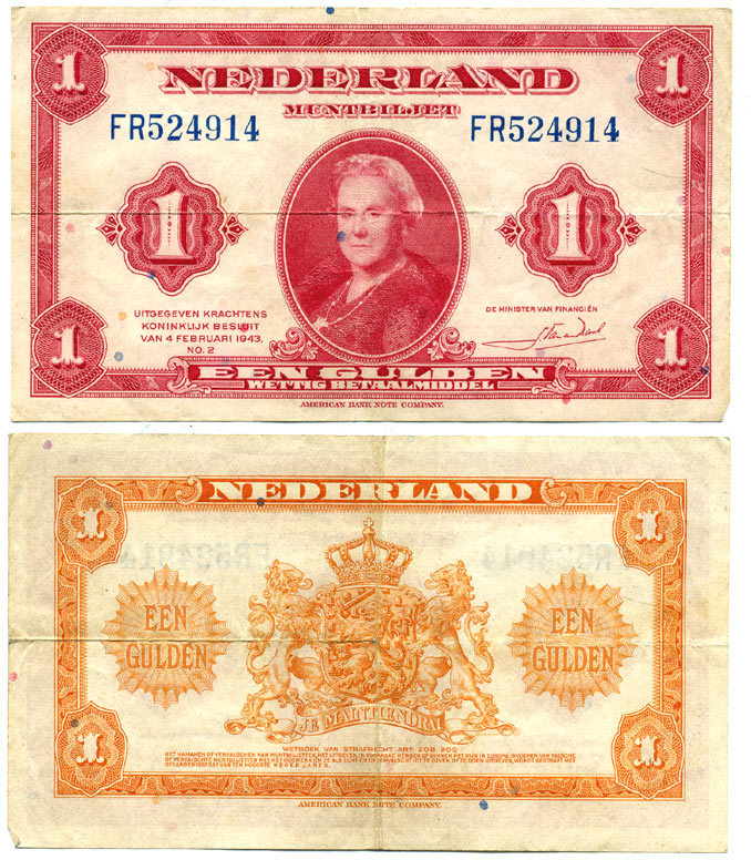 Нидерланды 1 гульден 1943 7 февраля 1943, Вильгельмина Pick 64  бумага   435-74-3-1