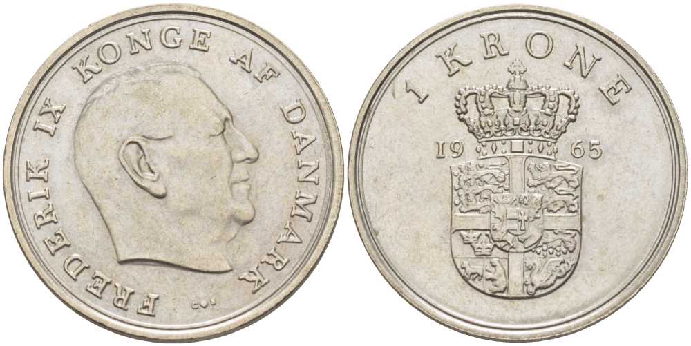 ДАНИЯ 1 КРОНА 1965 C;S, ФРЕДЕРИК IX (1947-1972) KM 851.1 медно-никель 202-812