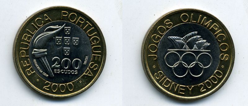 Португалия 200 эскудо 2000 XXVII олимпийские игры в Сиднее, факел KM 726 биметалл 29-312